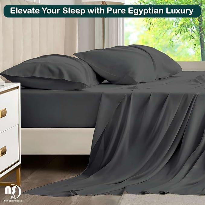 NON Sticky cotton Full Size Sleeper Sofa Sheets, 4 Piece Egyptian Cotton Bed Sheet Set for Sofa Bed, 6" Deep Pocket Fitted Sheet for Pull Out Couch Mattress, 54" x 75", Dark Grey Solid