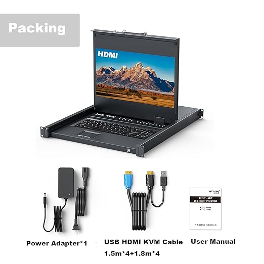 Rack Mount KVM w/17.3" LCD Monitor, MT-VIKI 8 Port HDMI KVM Switch 1920x1080@60Hz for 1U 19" Rack Support OSD Menu/Hotkey+ 8 KVM Cables + Keyboard + Touchpad+ Drawer