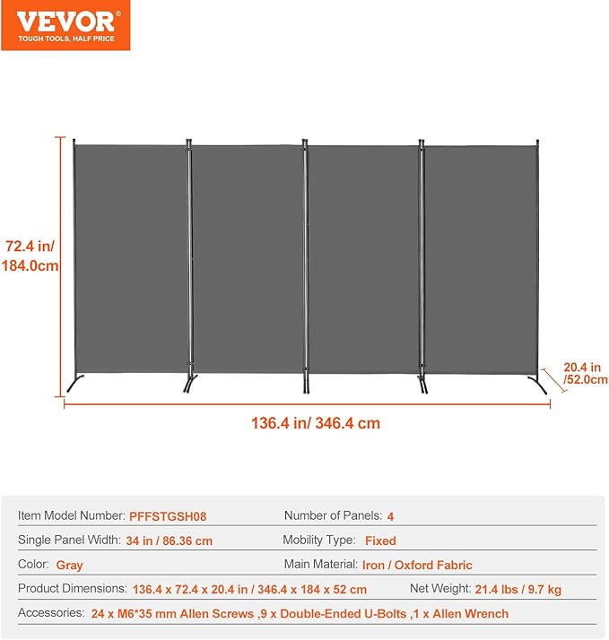 VEVOR Room Divider, 4 Panel Room Divider, Freestanding Room Partitions - Image 7
