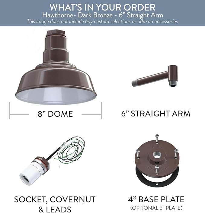 Steel Lighting Co. Hawthorne Barn Light | Outdoor Wall Mounted | 8 inch Dome | 6 inch Straight Arm| Small Farmhouse Light Made in America | Dark Bronze Exterior/White Interior