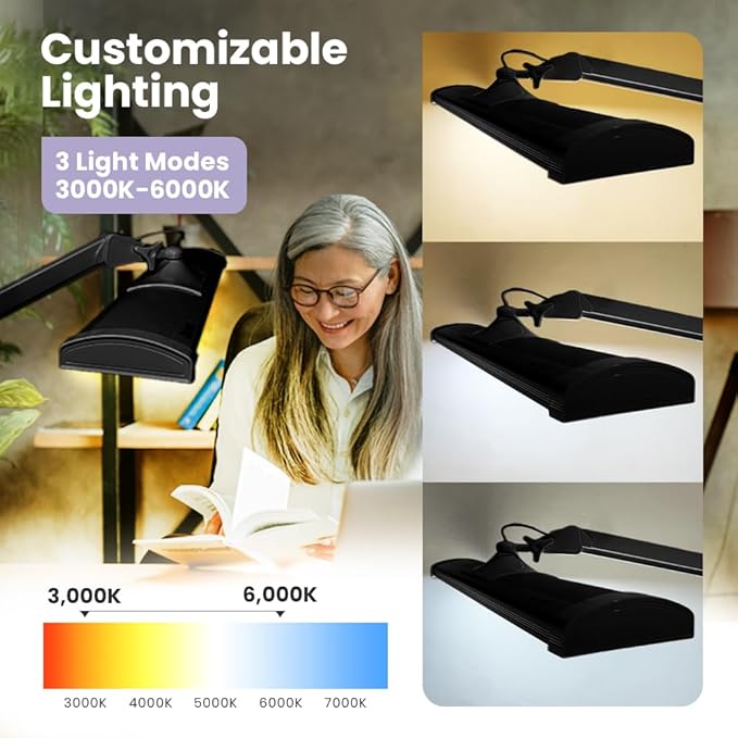 Neatfi Ultra 3,500 Lumen LED Desk Lamp, Color Correlated Temperature, 3 Light Modes, Dimmable, 45W, 26 Inch Wide Metal Shade, 540 SMD LEDs (CCT with Base, Black)