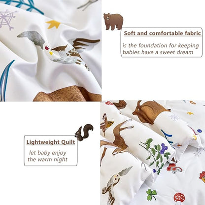 PERFEMET 4-Piece Toddler Bedding Set-Reversible Woodland Animal Toddler Bed Sets for Boys Girls-Soft Lightweight Cartoon Bear Deer Print Toddler Bed Comforter with Sheets for All Season