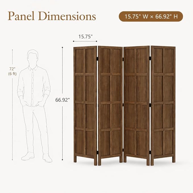 4 Panel Solid Wood Room Divider Folding Privacy Screen Brown | Freestanding - Image 2