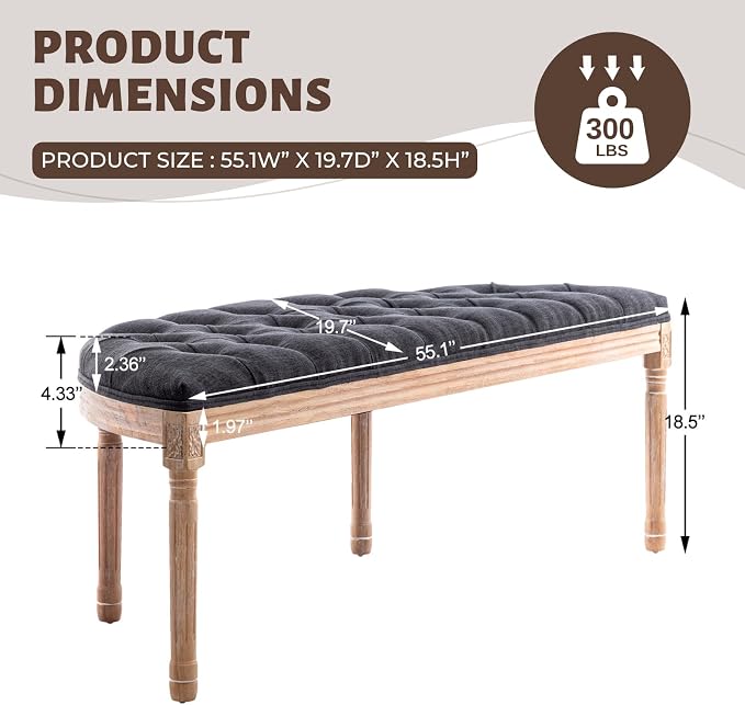 chairus 55" Button Tufted Semi-Circle Dining Bench Linen Halfmoon Entryway - Image 3