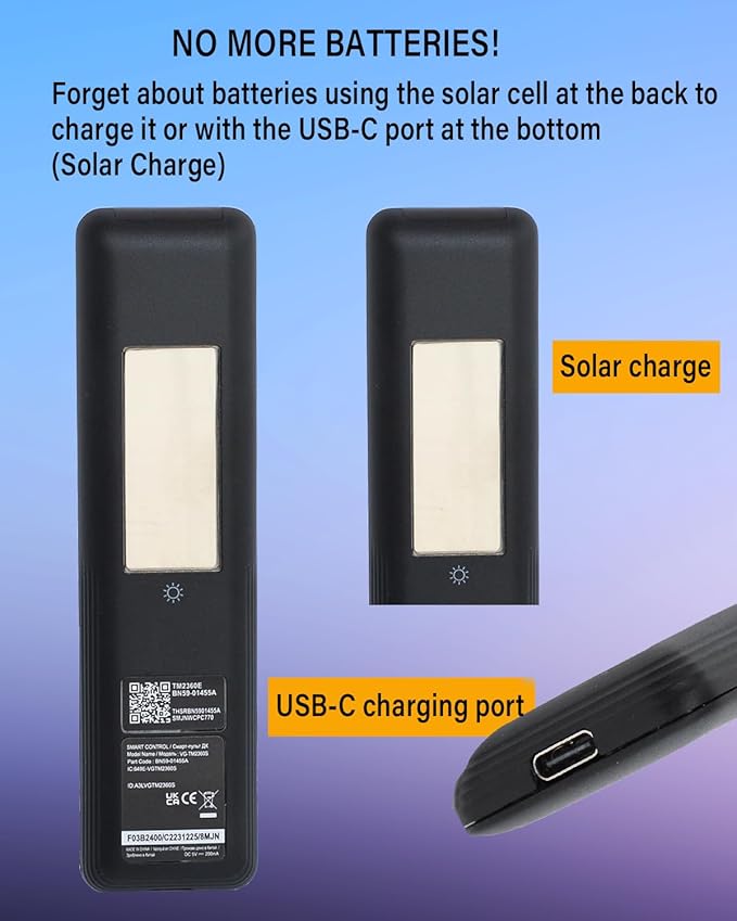 BN59-01455A Voice Solar Remote Control Replacement for Samsung Smart TV Remote Control - with Bluetooth and C-Type Charging, for Samsung NEO QLED, Crystal UHD, OLED 4K TV - Black