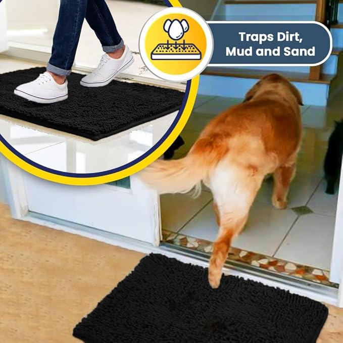 Muddy Mat® Shown on TV – Super Absorbent Door Mat Indoor, Microfiber Quick Dry Chenille Entryway Rug, Non-Slip Front Door Mat, Indoor Mats for Entryway, Machine Washable Pet Rug, Black 24"x36"