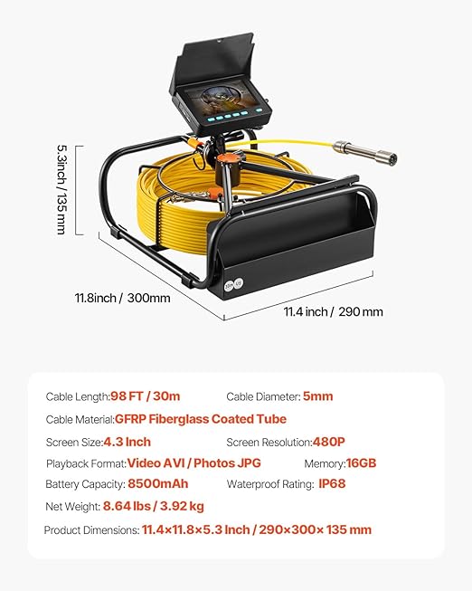 VEVOR Sewer Camera, 98.4 ft/30 m, 4.3" Pipe Drain Inspection Camera with DVR Function and LED Lights, Waterproof IP68 Borescope, Industrial Endoscope for Home Wall Duct Drain Pipe Plumbing