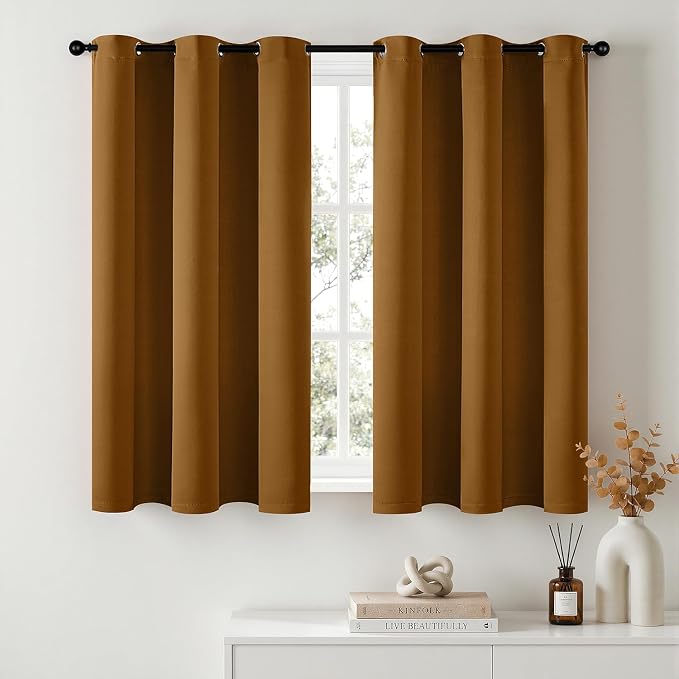 Short Brown Blackout Kitchen Curtain W40 x L45 Inch 2 Panels | Thermal Insulated by Woaboy