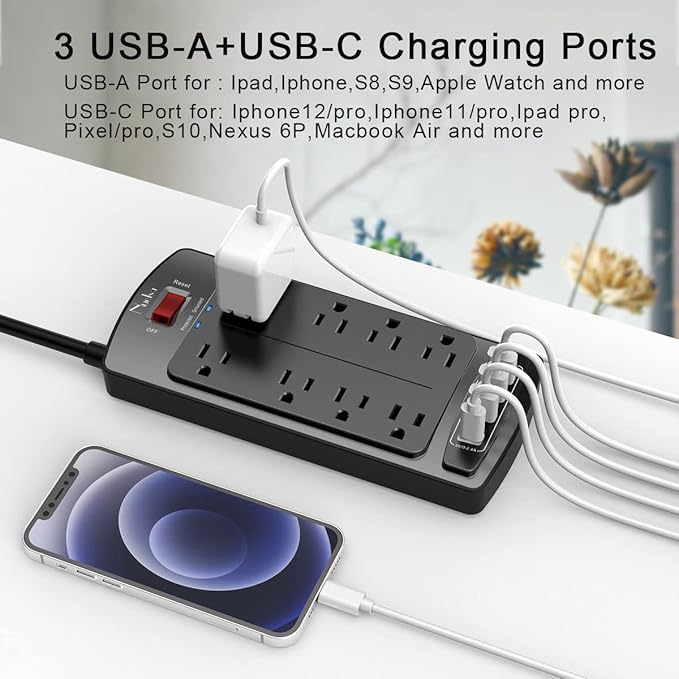 10 Feet Surge Protector Power Strip - Nuetsa Extension Cord(1625W/13A) with 8 Outlets and 4 USB Ports, Flat Plug, 2700 Joules, for Home, School, College Dorm Room, and Office, ETL Listed, Black