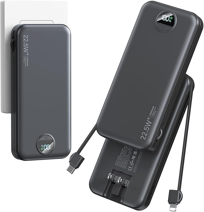 Ultra-Portable-Charger-Power-Bank with Built in Cables&AC Wall Plug,12000mAh PD20W USB-C Fast Charging Cell Phone Charger Battery Pack,LED Display Travel Battery Bank for All iPhone,Samsung,Android