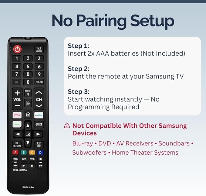 2 Pack BN59-01315A Samsung TV Remote Control Replacement for Smart TV - Easy Setup, Durable Design, Universal IR Remote, Streaming Shortcuts - Works with Samsung Smart TV, LCD, LED, HDTV, 3D Models