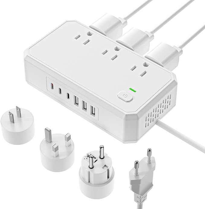 Puveini US to Europe Travel Adapter 220V to 110V Voltage Converter with 4.5A 6-Port USB Charging and UK/AU/US/EU Worldwide Plug Adapter