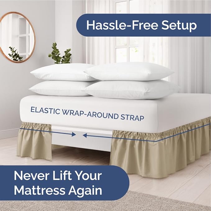Wrap Around Dust Ruffle Bed Skirt - Beige - for King Size Beds with 12 Inch Drop - Easy Fit Elastic Strap - Adjustable Pleated Bedskirt w/Brushed Fabric - Wrinkle Free - for Women, Men, Kids & Teens