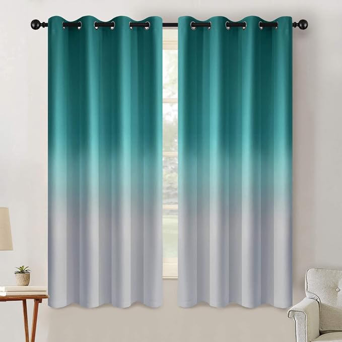 SimpleHome Teal to Grey White Ombre Room Darkening Curtains 63 Inch | Curtains by SimpleHome