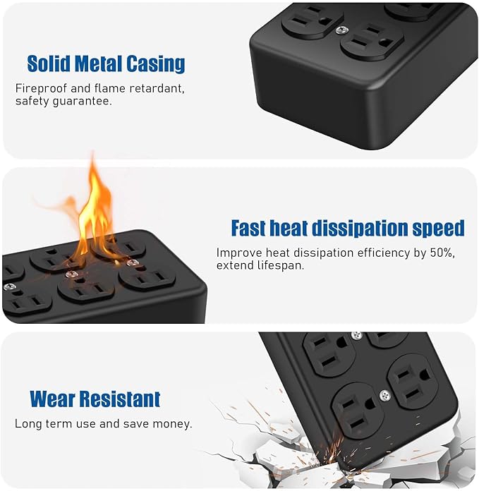 Heavy Duty Power Strip with USB,8 Outlet Workshop Metal Power Strip,PD20W USB C 15A 1200 Joules Surge Protection,Wide Spaced,10FT Cord