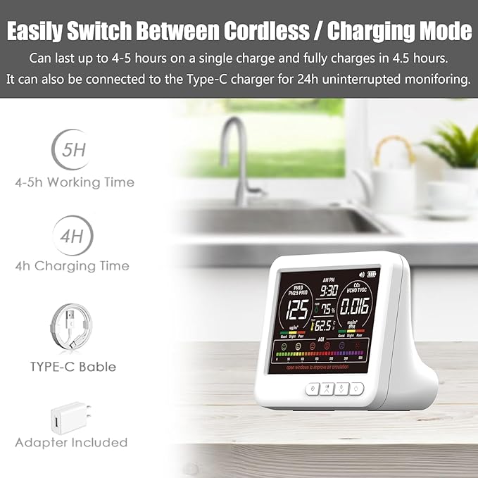 Professional Indoor Air Quality Monitor with 7X AQI,16 in 1 Portable Real-Time Detector for PM2.5 | PM10 | CO2 | TVOC | HCHO | Temp | Hum for Home Cars Plants Pets