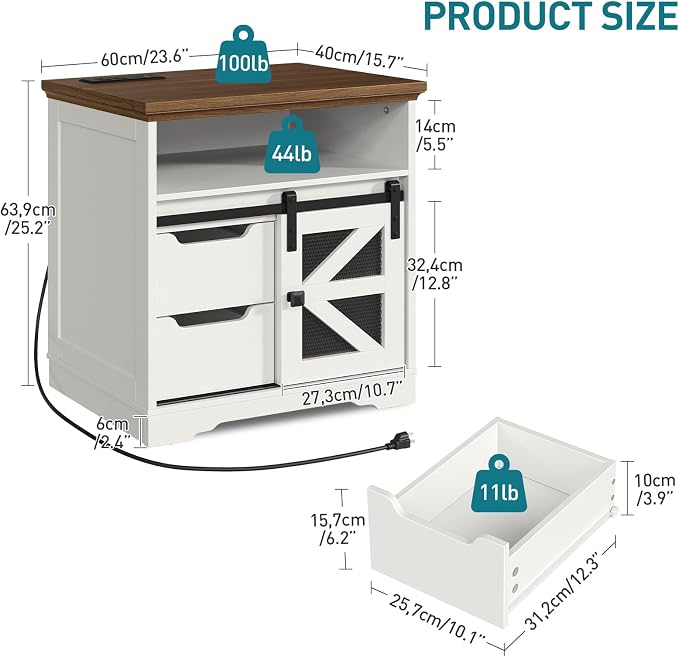 Farmhouse End Table with Charging Station, Sofa Side Table with 2 Drawers and - Image 2