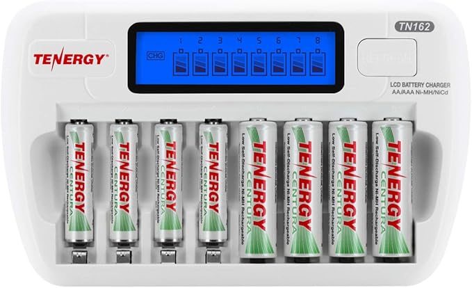Tenergy AA and AAA Battery Charger Bundle - TN162 8 Bay Smart LCD NiMH/NiCd Charger With 4 Pack AA & 4 Pack AAA Centura (LSD) Rechargeable Batteries