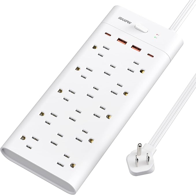 Power Strip Surge Protector Outlet Extender with 14 Outlets and 4 USB Ports (2 USB C), 15 Ft Extension Cord & Flat Plug, 1700 Joules, Wall Mount for Home, Office, Dorm, White