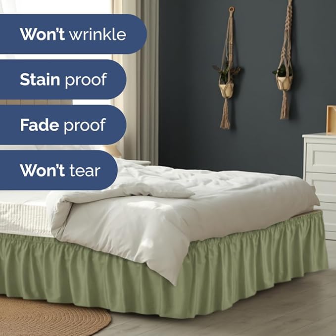 Wrap Around Dust Ruffle Bed Skirt - Sage Green - for King Size Beds w/ 14 Inch Drop - Easy Fit Elastic Strap - Adjustable Pleated Bedskirt with Brushed Fabric, Wrinkle Free Women, Men, Kids and Teens