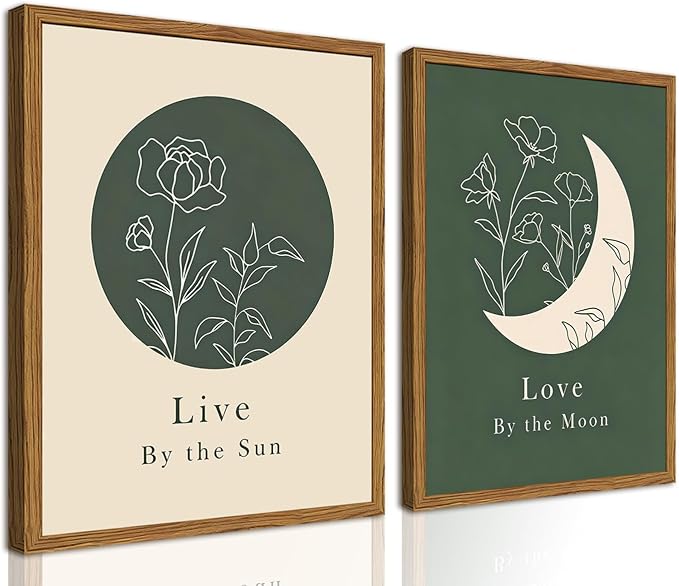 Framed Boho Sun and Moon Wall Art Set of 2, Sage Green Floral Line Pictures by Hwetui