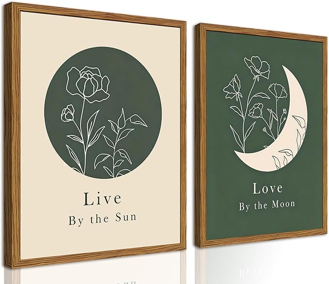 Framed Boho Sun and Moon Wall Art Set of 2, Sage Green Floral Line Pictures by Hwetui