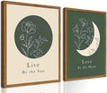 Framed Boho Sun and Moon Wall Art Set of 2, Sage Green Floral Line Pictures by Hwetui