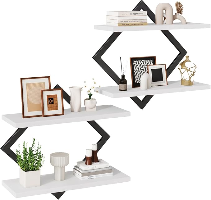 IBUYKE Floating Shelves,15 Inch Wall Shelf Set of 2,Wall Mounted Shelves,2 Tier Hanging Decorative Storage Shelf for Living Room, Bedroom, Bathroom, Kitchen TFS003W-2