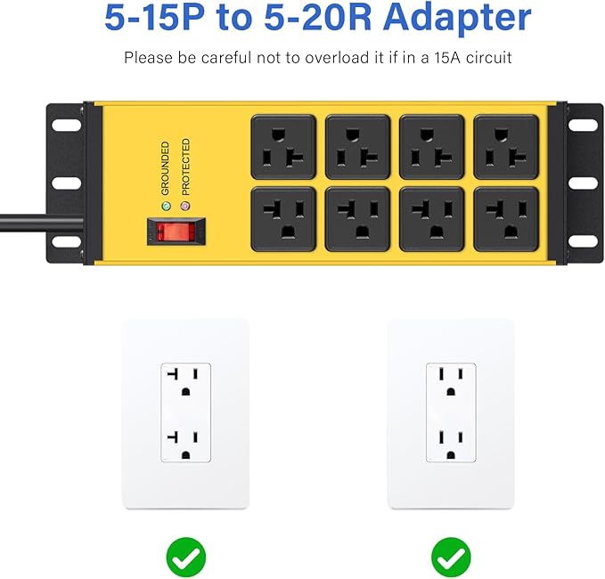 CCCEI Yellow Heavy Duty Power Strip Surge Protector 20 AMP, 8 Outlets 12 Gauge Industrial Shop Garage Metal Multiple Outlets, 6 FT Extension Cord 5-15P Adapter High Amp 6-20R T-Slot 20a for Appliance