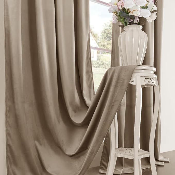 Timeper Taupe Velvet Curtains 84 inches 2 Panels, Light Blocking Curtains - Image 6