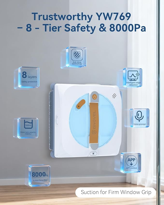 GNOVEL Window Cleaning Robot with 8000Pa, 2025 Upgraded Window Cleaner Robot with Intelligent Path Planning, 15-Stage Anti-Fall, App/Remote Control for Glass, Edge Detection System, Tile & Windows