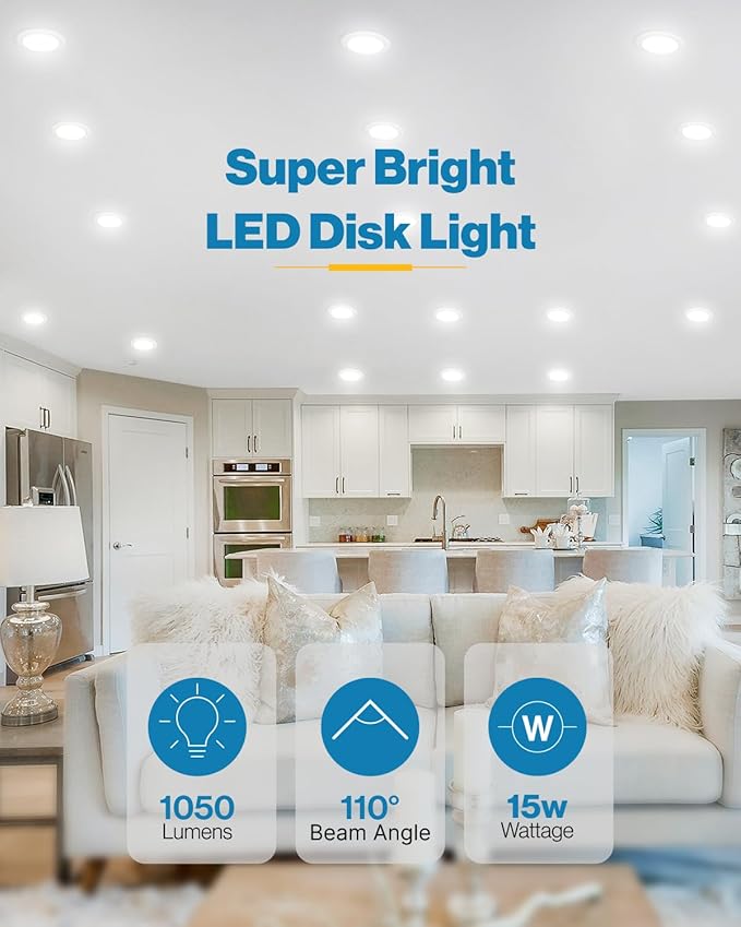 Sunco 96 Pack LED Disc Lights Ceiling 6 Inch, Flush Mount Disk Light, Recessed Can Lighting, 1050 LM, 15W (75W Equivalent), 5000K Daylight, Dimmable, Damp Rated ETL