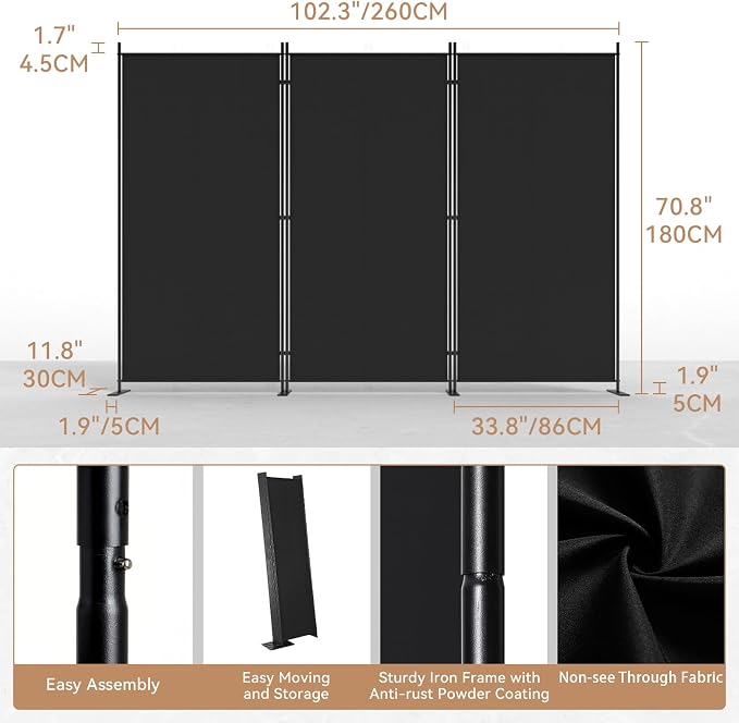 C-Hopetree 3 Panels Room Divider, 6 Ft Tall Indoor Folding Privacy Screen - Image 4