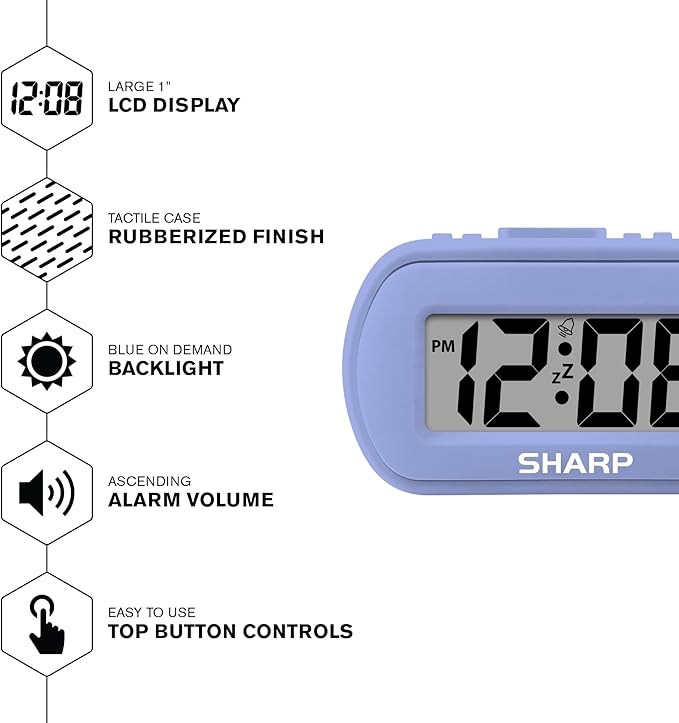 Sharp Battery Alarm Clock with Soft-Touch Case and Blue Backlight, Lavender | - Image 3