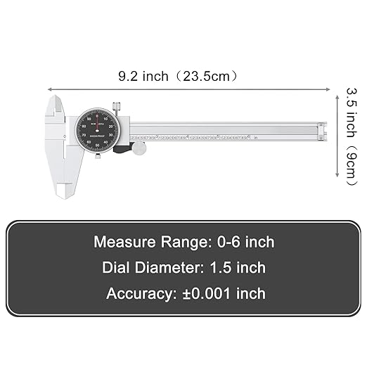 HDLNKAK Dial Caliper Shockproof Dial Caliper Precision Caliper with Black Watch 0-6" Range, 0.001” Resolution 6 Inch with 0.001" Precision Calipers 4-Way Measurement with Plastic Case.