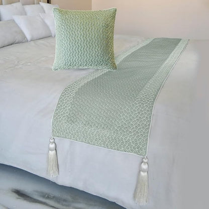 The HomeCentric King/Queen/Twin Blue Designer Twin 53"x18" Bed Runner with Pillow Cover, Mosaic, Bead Embroidery, Handmade, Tassels Bed Scarf on Jacquard Fabric - Tessellation Blue