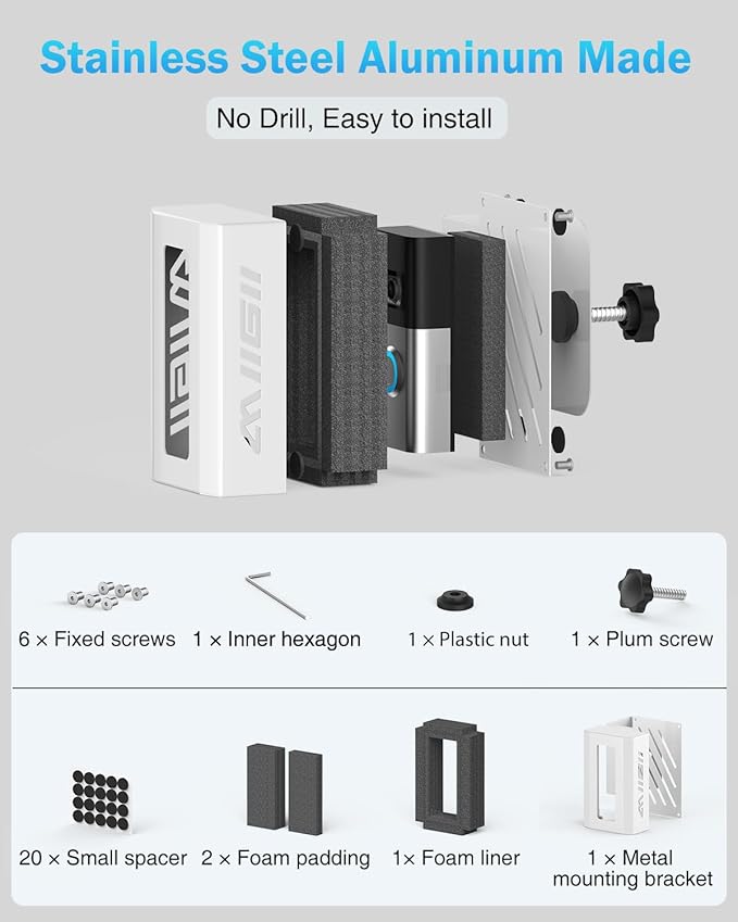 MIIGII Anti-Theft Doorbell Mount for Ring Doorbell 4/ 3/ 2/ 1, No Drill Adjustable Video Doorbell Cover Holder for Home Apartment Office Room, Waterproof Stainless Metal Made, White