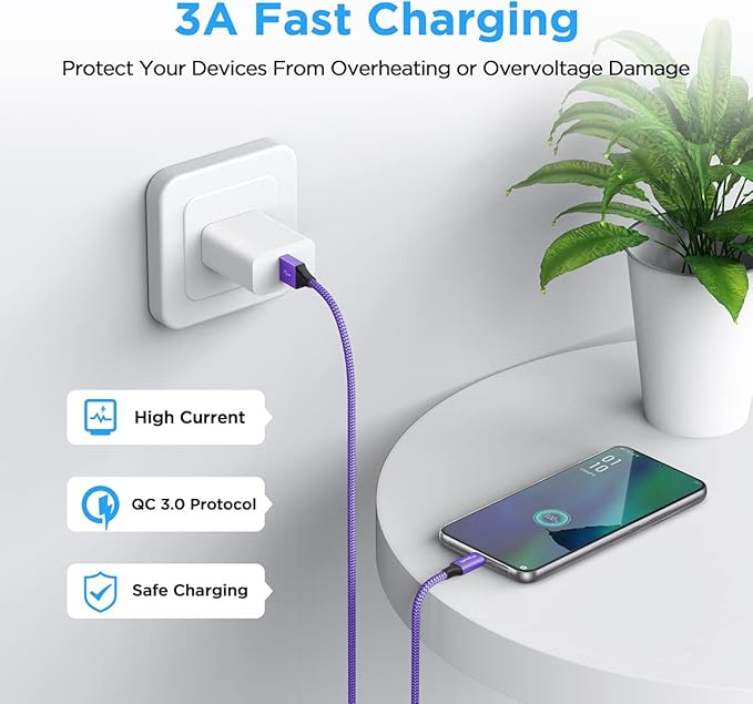etguuds USB A to USB C Cable 6ft, 2-Pack, 3A Fast Charging Type C Charger Cord for iPhone 17 16 15 Pro Max 16e 17 Air, Samsung Galaxy S25 S24 S23 S22 S21 S20 A17 A16 A56 A55 Flip Fold, Purple