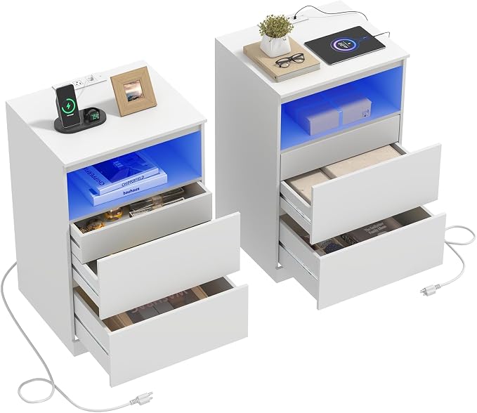 Nightstands Set of 2 with Charging Station, LED Lights, Hidden Drawer, Modern by Draelibor