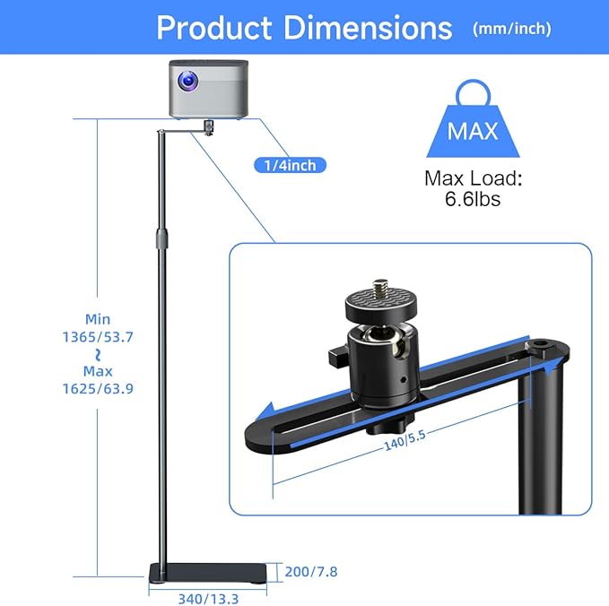 suptek 63.9” Extendable Projector Stand Against Wall Hidden Stand, 360°Swivel, Height Adjustable, Mini Projector Mount Bracket, Compatible with Home Office Video Vlog DVR Camera, PR001FPL