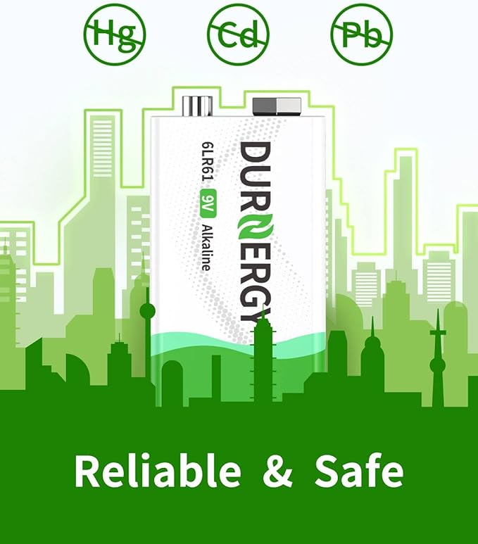 DURNERGY 9V Batteries, 9 Volt Batteries 8 Pack,10-Year Shelf Life, 9V Batteries for Smoke Alarms, Guitar Pedals, Microphone, Smoke Detector Battery, Square Batteries 6LR61 9V Alkaline Batteries
