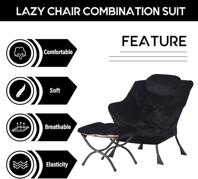 Lazy Chair with Ottoman, Comfy Accent Reading Chair, Plush Black | Foldable - Image 6