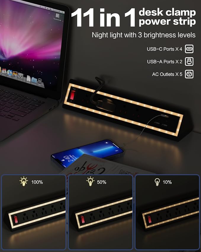 Desk Clamp Power Strip with Nightlight, 40W Fast Charging, 6FT Extension Cord - Image 2