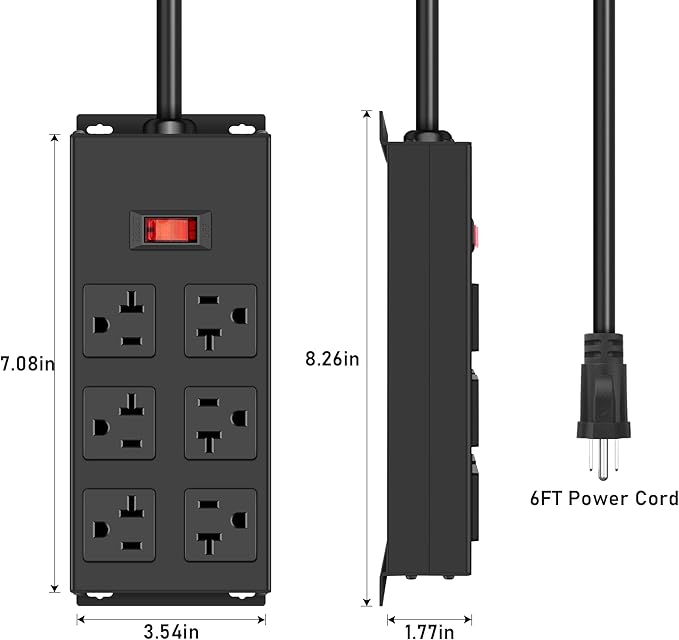JUNNUJ 20 Amp Power Strip Heavy Duty 2 Pack, Garage 6 Outlets Metal 12 Gauge Surge Protector 3000J, High Amp 5-15P Adapter Shop 6-20R T-Slot Industrial (6AC 2-Pack, 6FT)