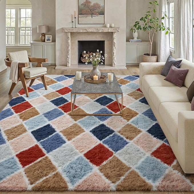 6x9 Checkered Rug for Living Room Rainbow Modern Soft Area Rug Fluffy Non-Slip by PureCozy