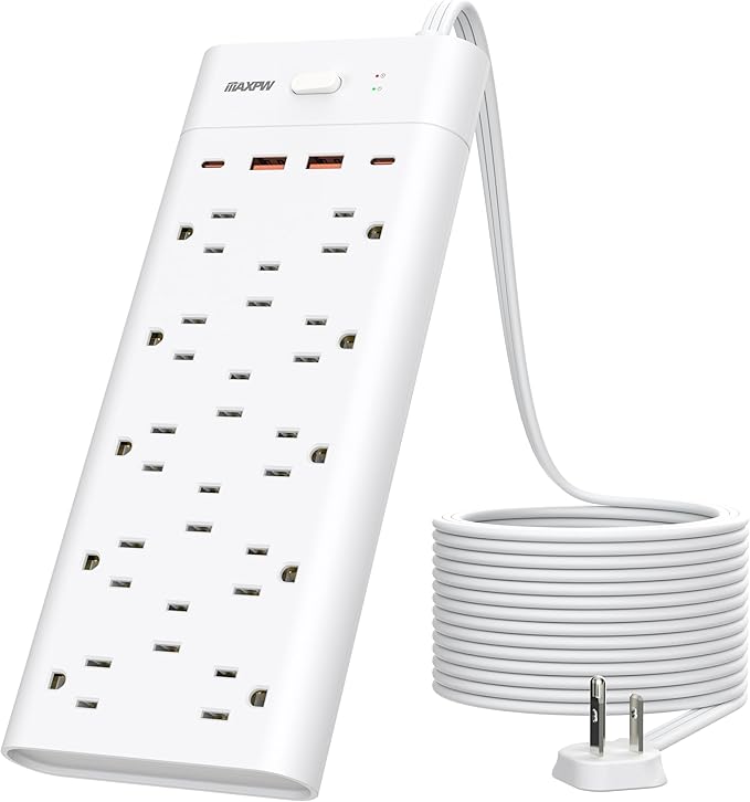 Power Strip Surge Protector Outlet Extender with 14 Outlets and 4 USB Ports (2 USB C), 15 Ft Extension Cord & Flat Plug, 1700 Joules, Wall Mount for Home, Office, Dorm, White