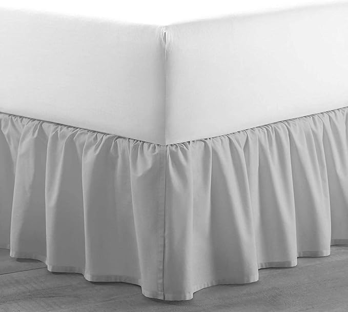 Light Grey Solid Ruffled Bed Skirt Queen-XL-22 Inch Drop Split Corner, Microfiber Bedskirt with Platform Three Sided Coverage