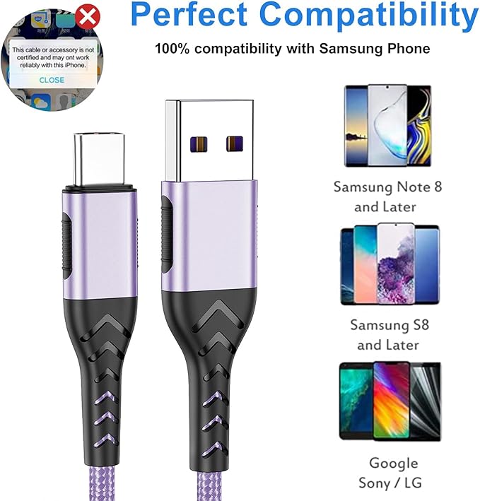 Durcord USB C Fast Charger Cable, 2Pack 6ft USB Charger Fast Charging Type C Cord Cable, 6 Foot Type C Charger Premium Nylon Braided USB Cable Only for A-C Sam Sung and Android-Light Purple
