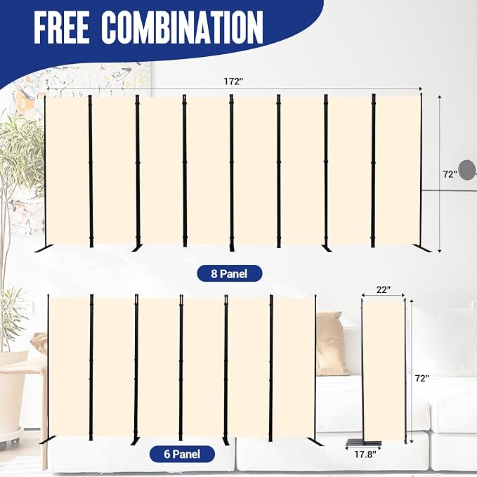 8 Panel Folding Privacy Screen, 14.67ft Wide Partition Room Dividers Panel | - Image 6