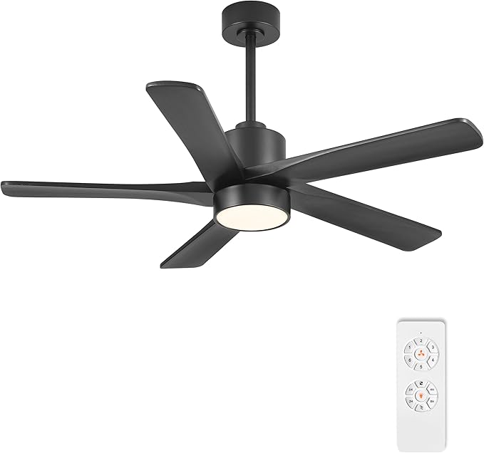 WINGBO 48 Inch DC Ceiling Fan with Lights and Remote Control, 5 Carved Solid Wood Blades, 6-Speed Noiseless Reversible DC Motor, Indoor Ceiling Fan in Matte Black Finish with Black Blades